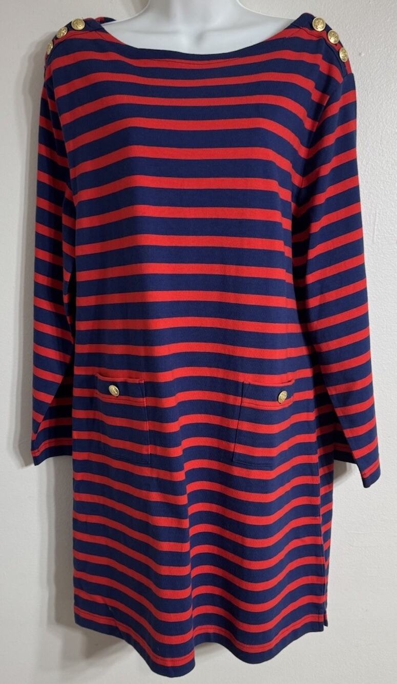 J Crew Mariner Dress Women’s Large Long Sleeve Shift Buttons Stripe Nautical NWT